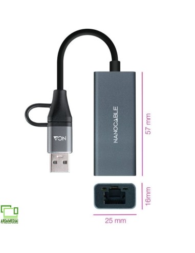 Adaptador USB Macho + USB Tipo-C Macho - RJ45...