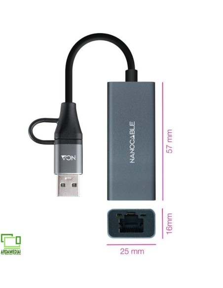 Adaptador USB Macho + USB Tipo-C Macho - RJ45 Nanocable 10.03.0411/ 1000Mbps