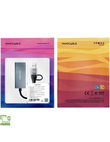 Adaptador USB Macho + USB Tipo-C Macho - RJ45...